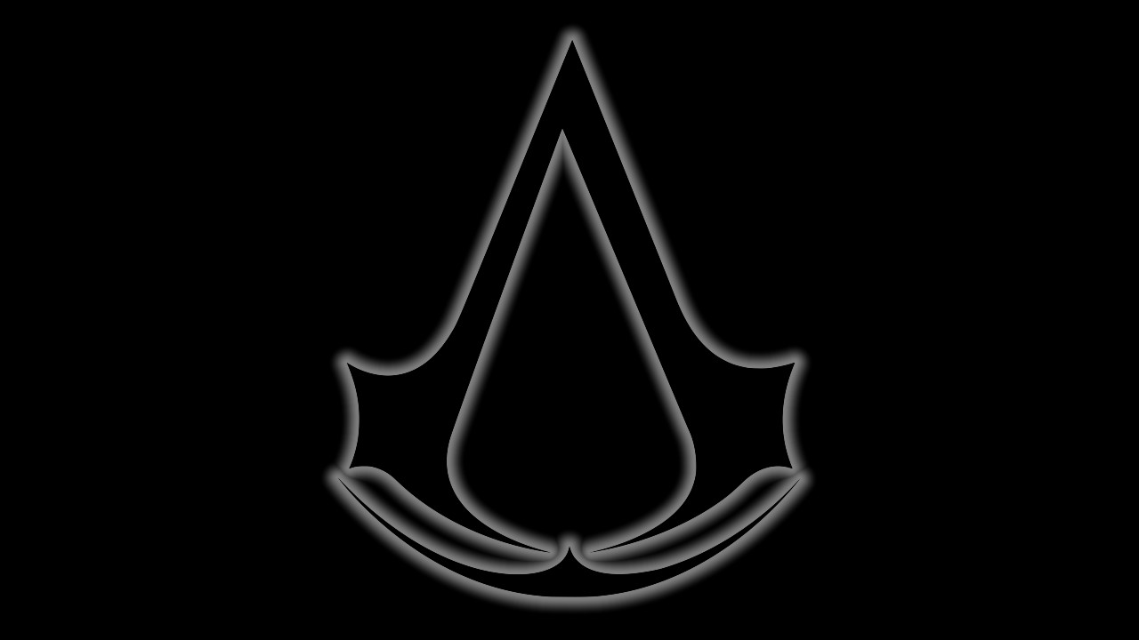 Imagem mostra o logotipo do jogo Assassin's Creed, com fundo preto e um brilho externo ao redor da marca