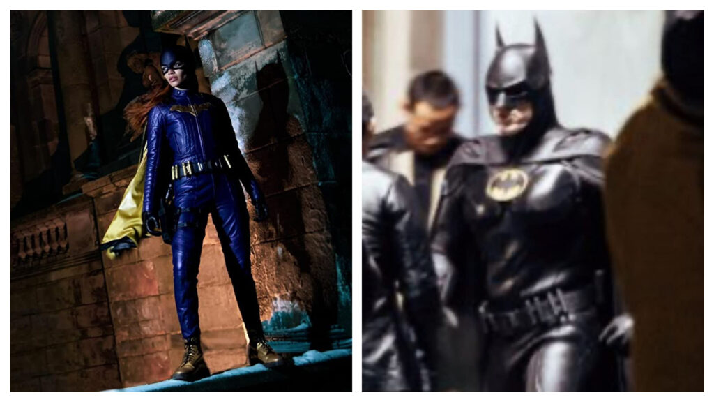 Colagem de fotos mostra a atriz Leslie Grace com seu traje de Batgirl à esquerda, enquanto uma foto do set de filmagens mostra Michael Keaton com o traje de Batman à direita: filme "Batgirl" foi cancelado pela Warner mesmo com as filmagens terminadas