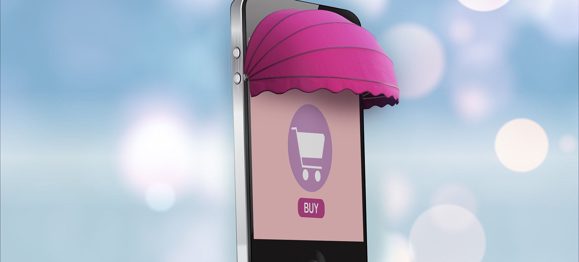 Ilustração de um smartphone com um toldo e um símbolo de um carrinho de compras na tela, para ilustrar o e-commerce ou comércio eletrônico