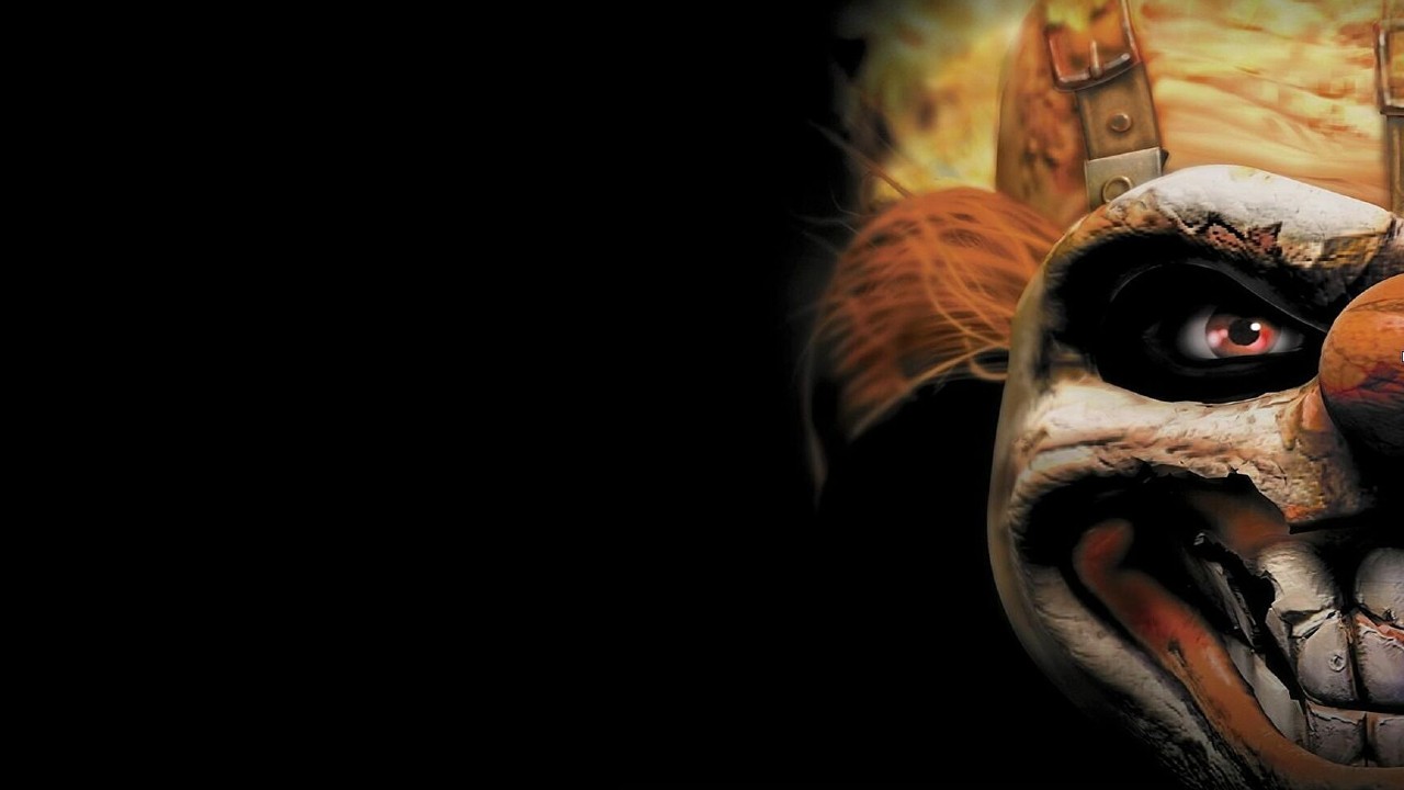 Imagem mostra o personagem Sweet Tooth, o palhaço assassino com cabeça flamejante que protagoniza os jogos da série Twisted Metal
