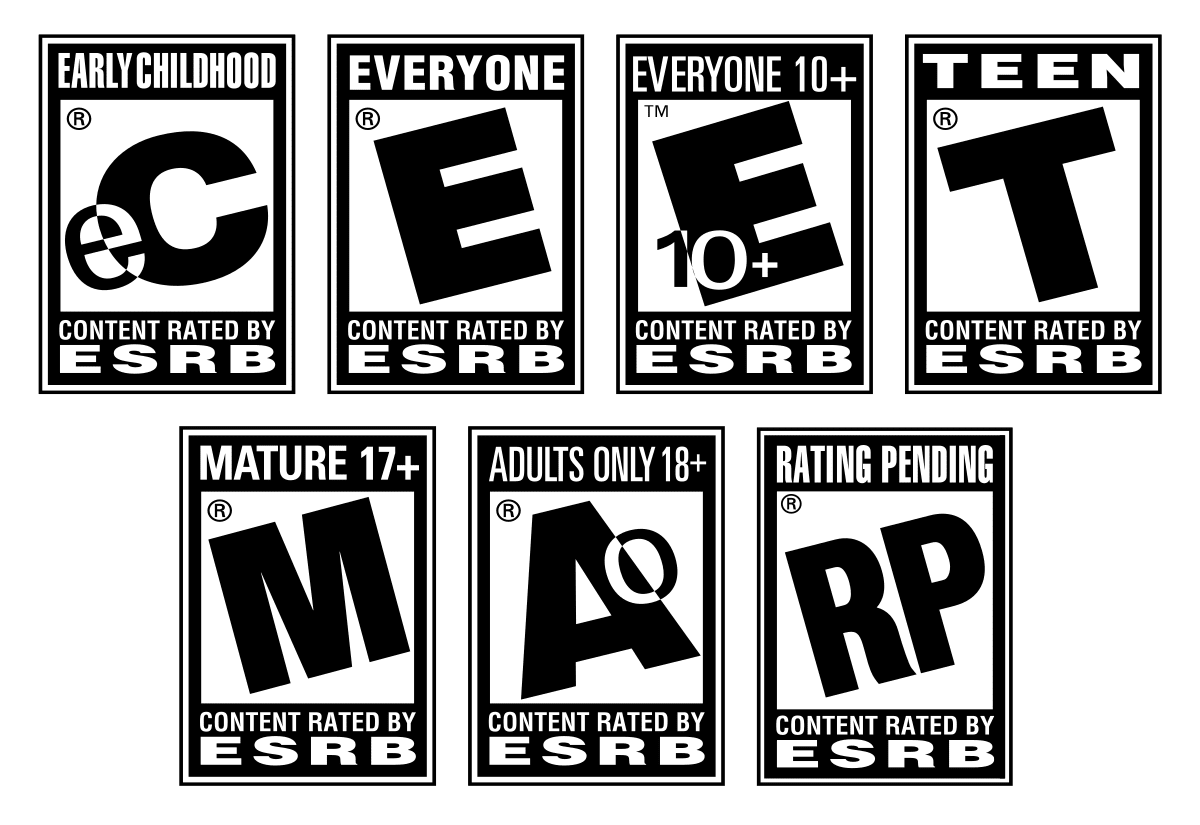 Imagem mostra os selos de classificação etária da ESRB, a comissão que determina para quais públicos os produtos de software são direcionados