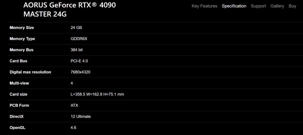 Especificações RTX 4090 Gigabyte