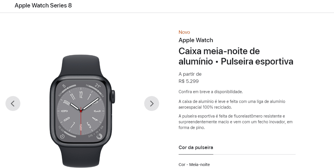 Captura de imagem mostra o preço do Apple Watch Series 8 no Brasil