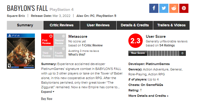 Resumo do site Metacritic sobre as análises do jogo Babylon's Fall, amplamente criticado por usuários e especialistas