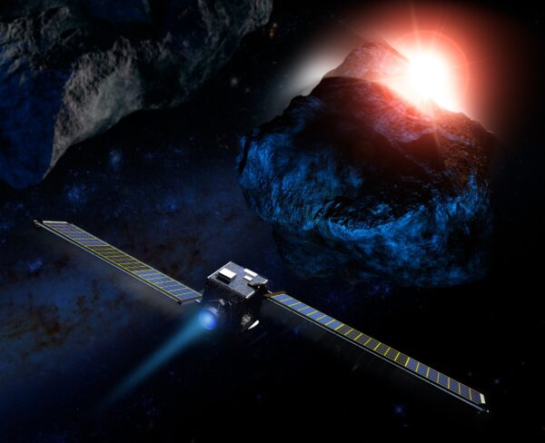 Imagem conceitual mostra a missão DART, que vai bater contra um asteroide em setembro