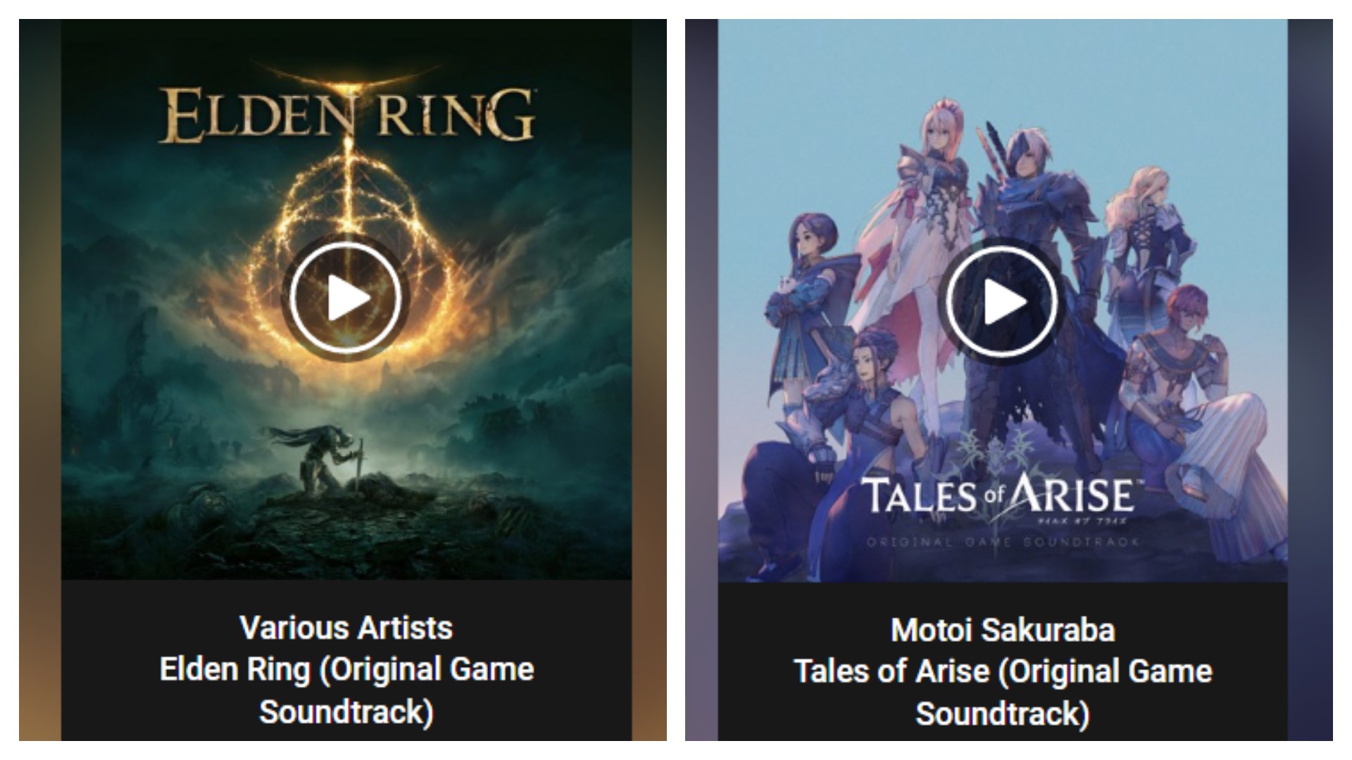Montagem coloca capas dos álbuns das trilhas sonoras de Elden Ring e Tales of Arise, dois jogos lançados pela Bandai Namco