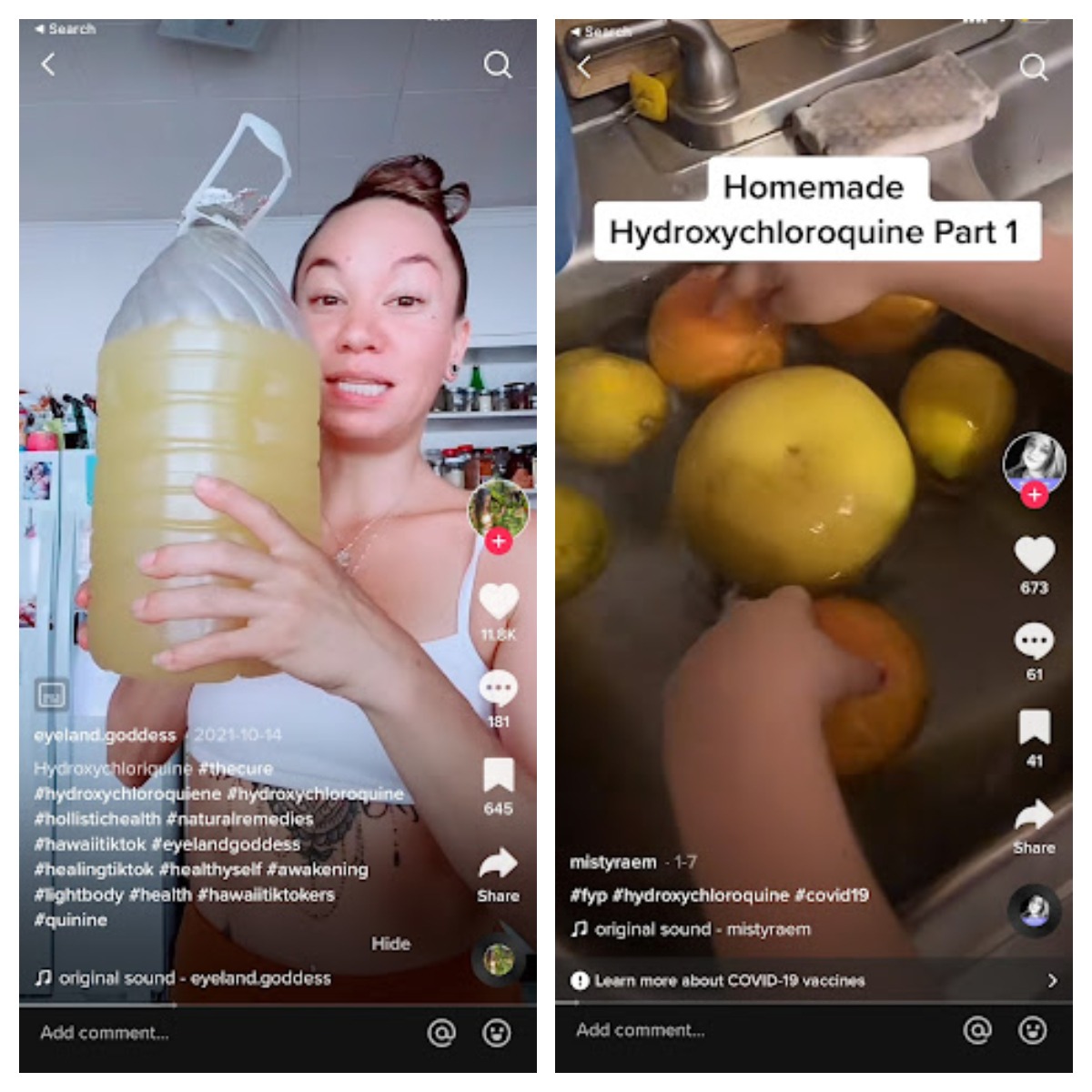 Montagem mostra capturas de vídeo no TikTok "ensinando" a fazer hidroxicloroquina caseira