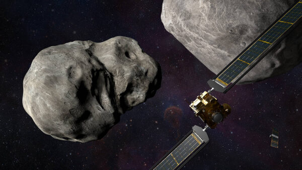 Imagem conceitual mostra a sonda DART se aproximando de um asteroide