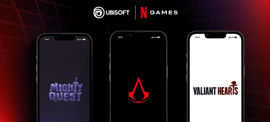Na imagem aparecem três mockups de smartphones, cada um com um jogo na tela, como parte da divulgação da parceria da Netflix e da Ubisoft para criar jogos mobile