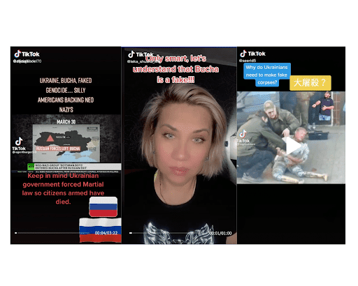 Montagem feita pela NewsGuard mostra capturas de diversos vídeos do TikTok espalhando fake news sobre a guerra da Ucrânia