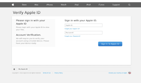 Exemplo de página falsa (phishing) que visa roubar a credencial do Apple ID