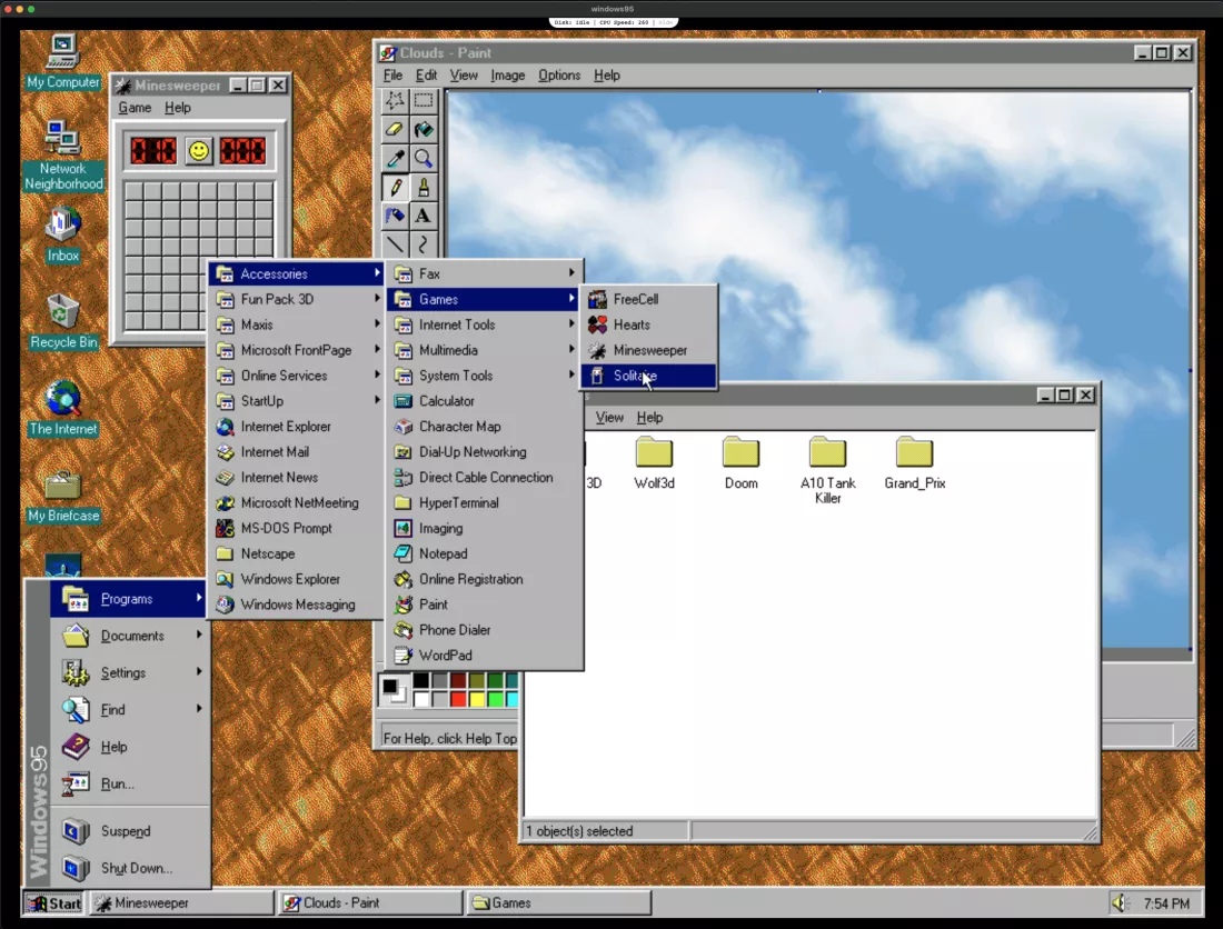 Captura de tela mostra o emulador do Windows 95 rodando em uma máquina atual