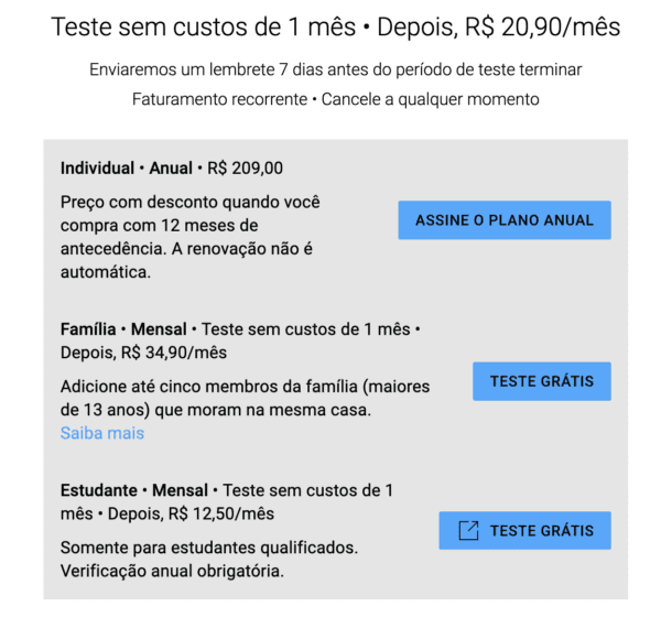 Tabela mostra preços do YouTube Premium no Brasil