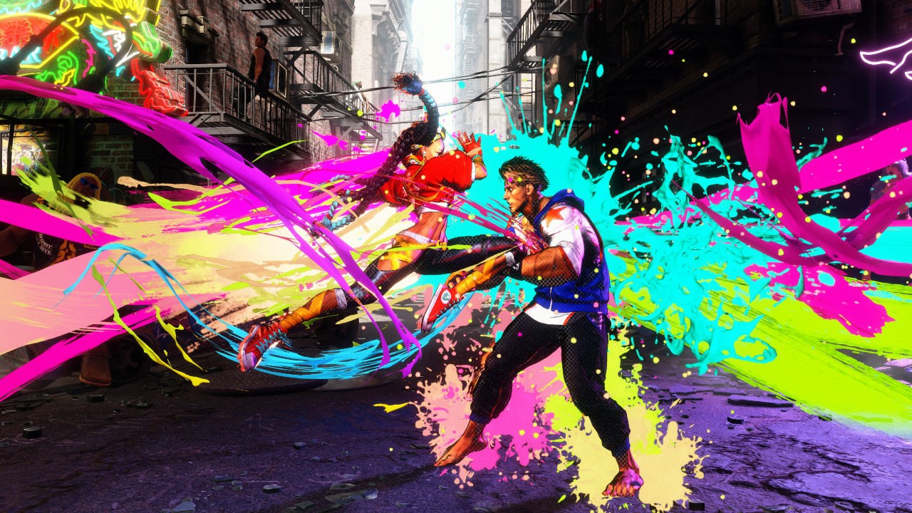 Imagem de Street Fighter VI mostra a novata Kimberly usando golpes extremamente coloridos, como se fossem manchas de tinta na tela