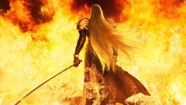 Imagem promocional mostra cena do remake de Final Fantasy VII, com o vilão Sephiroth empunhando sua longa espada, de costas para a câmera, com chamas queimando uma cidade ao redor dele