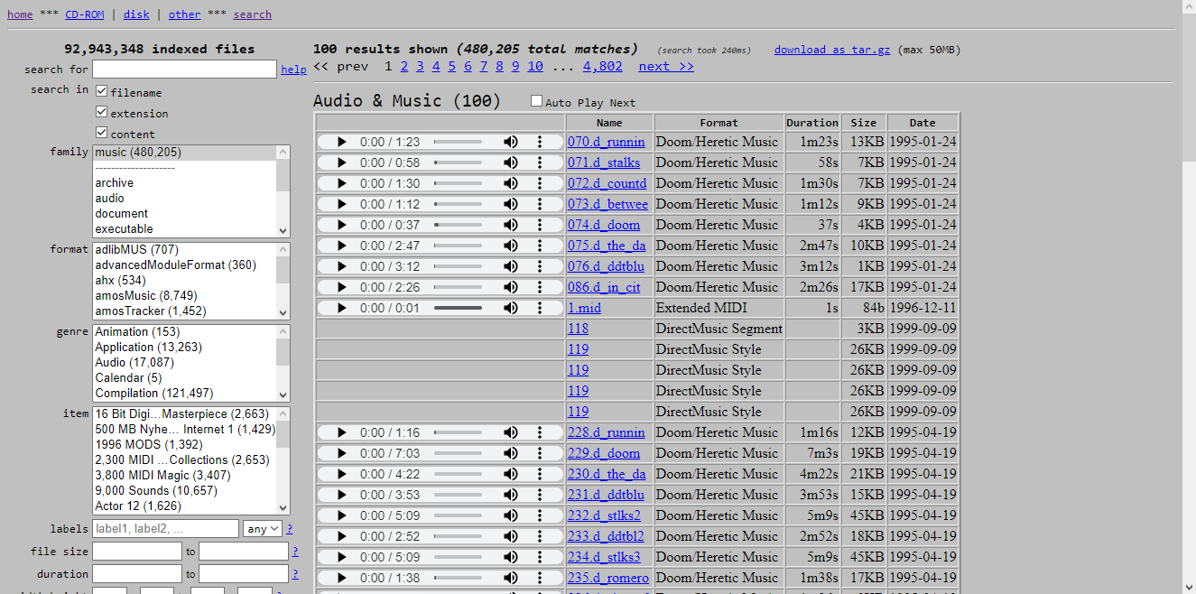 Captura de tela mostra compêndio de arquivos Discmaster, com diversos arquivos de músicas antigas na busca