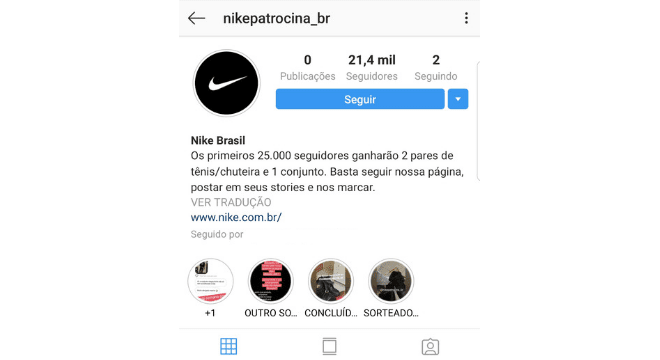 Exemplo de um perfil se passando por loja eletrônica da Nike no Instagram