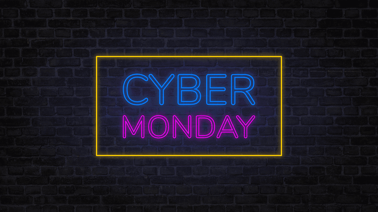 Imagem mostra a expressão Cyber Monday iluminada em neon