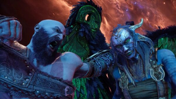 Imagem mostra cena sem spoilers de God of War Ragnarok, com Kratos prestes a dar um soco no rosto de um inimigo