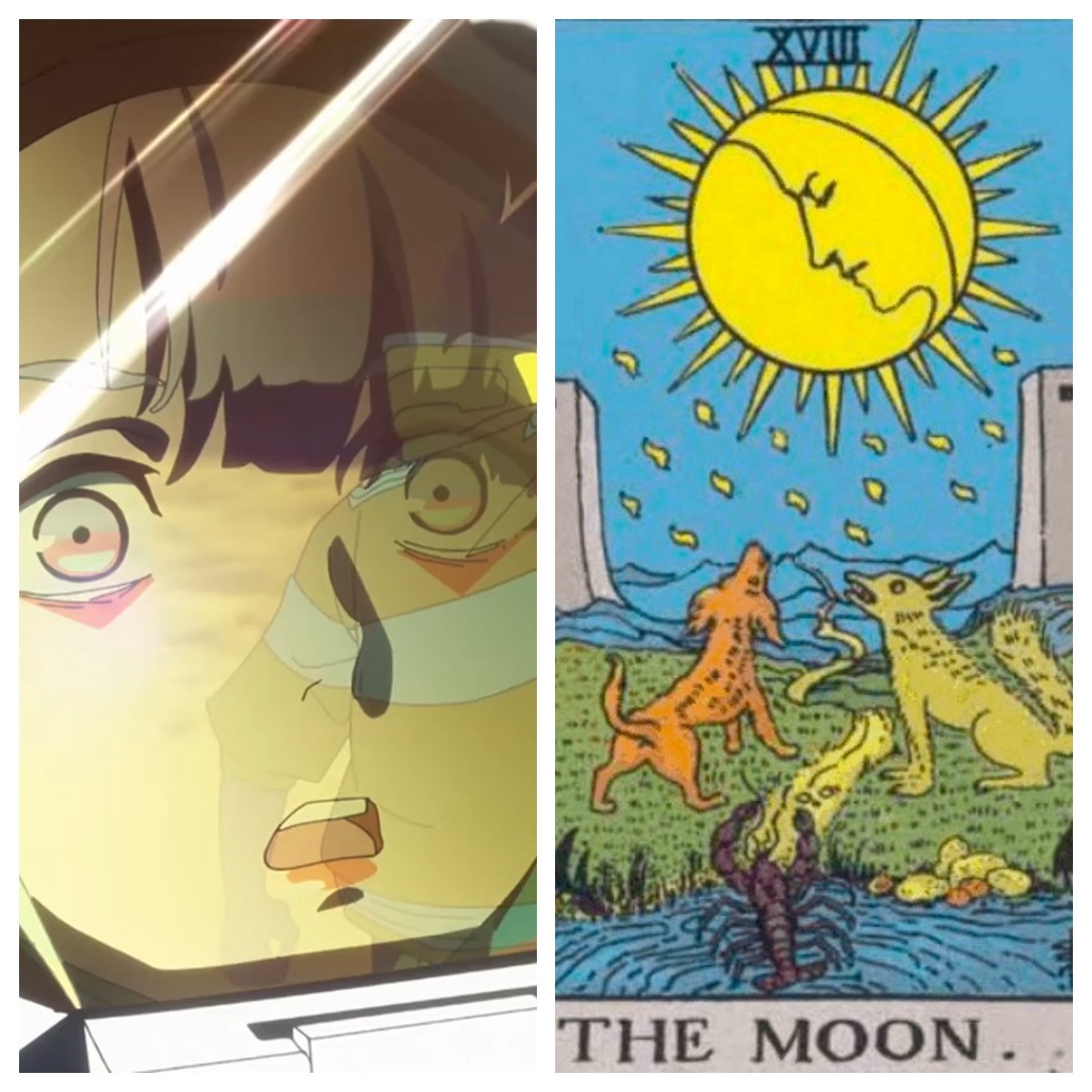 Montagem mostra cena do anime Cyberpunk: Mercenários, junto da carta da Lua no Tarot