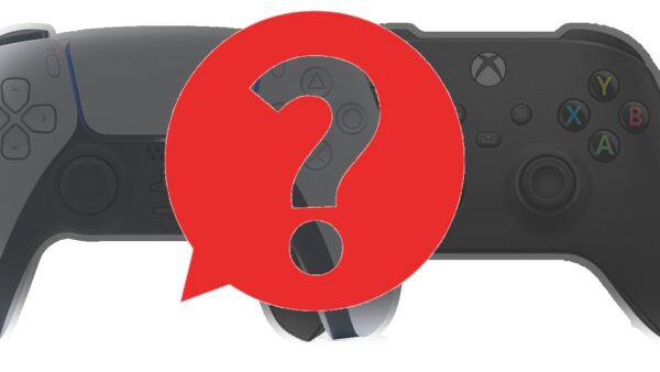 Montagem coloca controles do PS5 e Xbox Series X lado a lado, com opacidade reduzida e um ponto de interrogação à frente de ambos, simbolizando o rumor de versões 'Pro' de ambos os aparelhos chegabdi