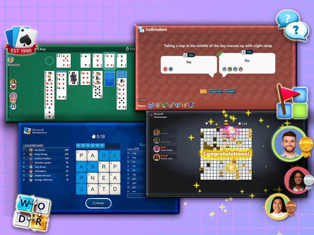 Captura de tela mostra os jogos disponíveis na função Games for Work do Microsoft Teams