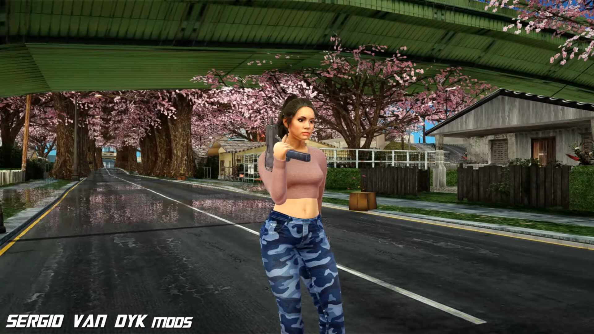 Captura de tela mostra mod que coloca Lucia, de GTA VI, dentro de GTA: San Andreas