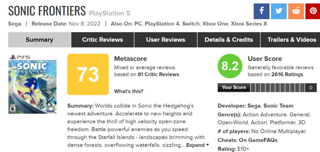 Sonic Frontiers - Metacritic