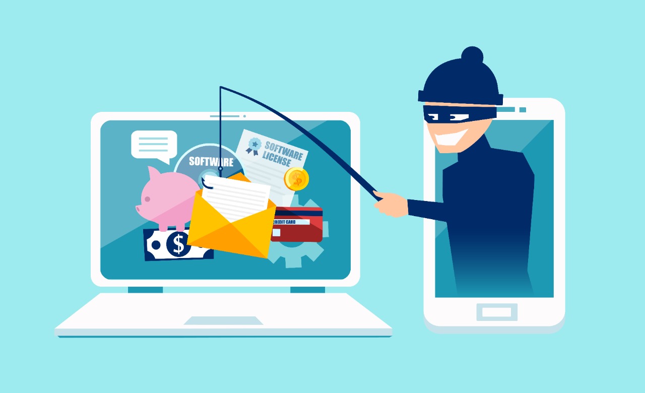 Imagem mostra o desenho de um ladrão roubando informações de um computador, simbolizando recentes ataques que usam a marca do Nubank para enganar usuários