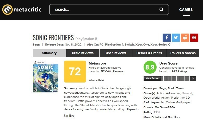 Média de nota de Sonic Frontiers no Metacritic
