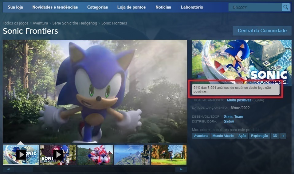Sucesso! Sonic Frontiers alcança 94% de aceitação do público na Steam