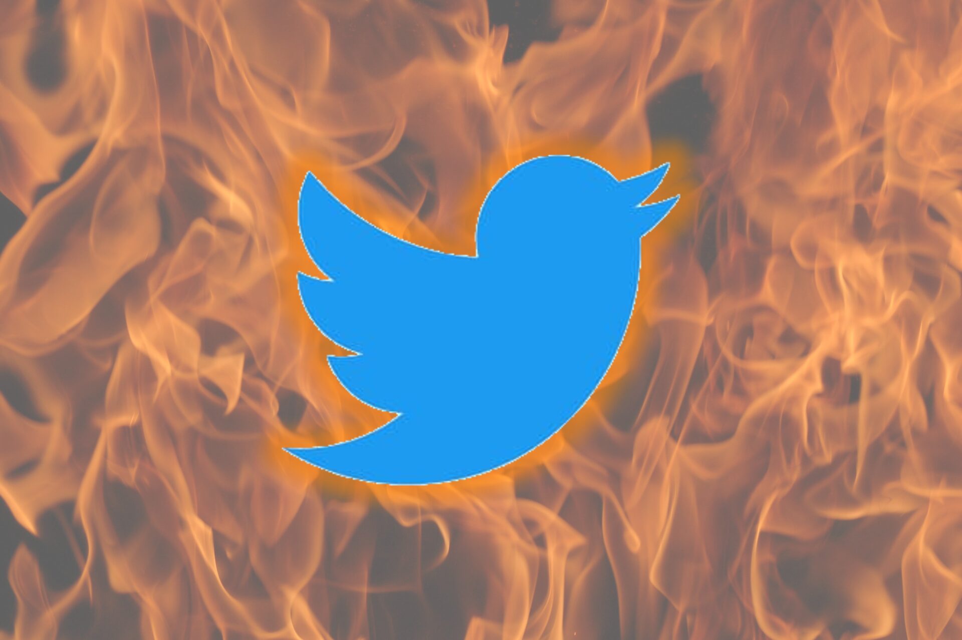 Imagem mostra o logotipo do Twitter à frente de uma parede em chamas