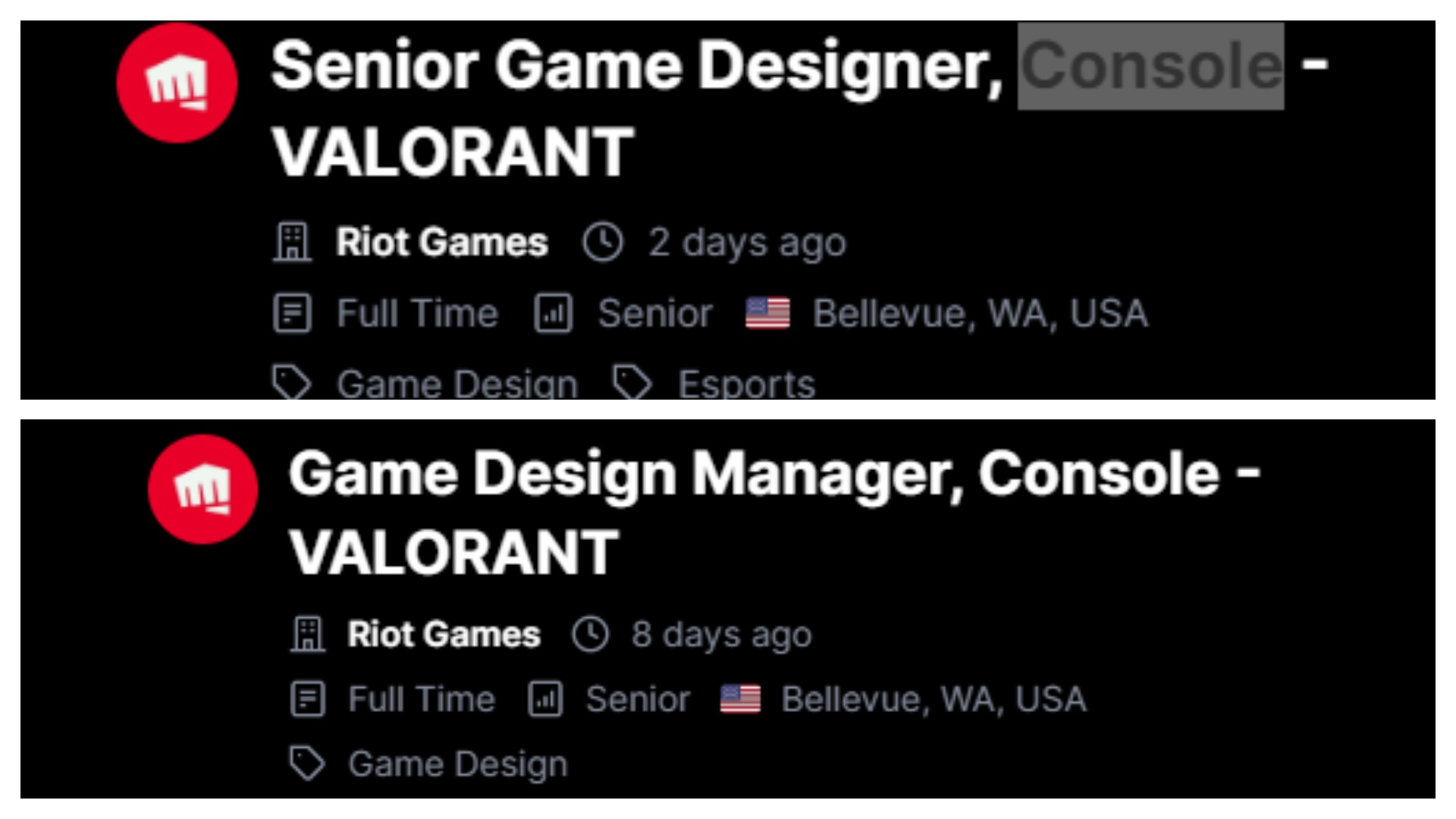 Colagem mostra duas vagas de emprego que mencionam uma portabilidade de Valorant para os consoles