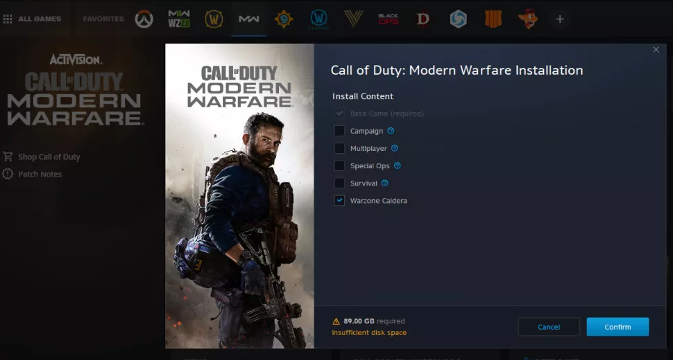 Imagem mostra a instalação de Call of Duty Warzone, agora chamado "Caldera"