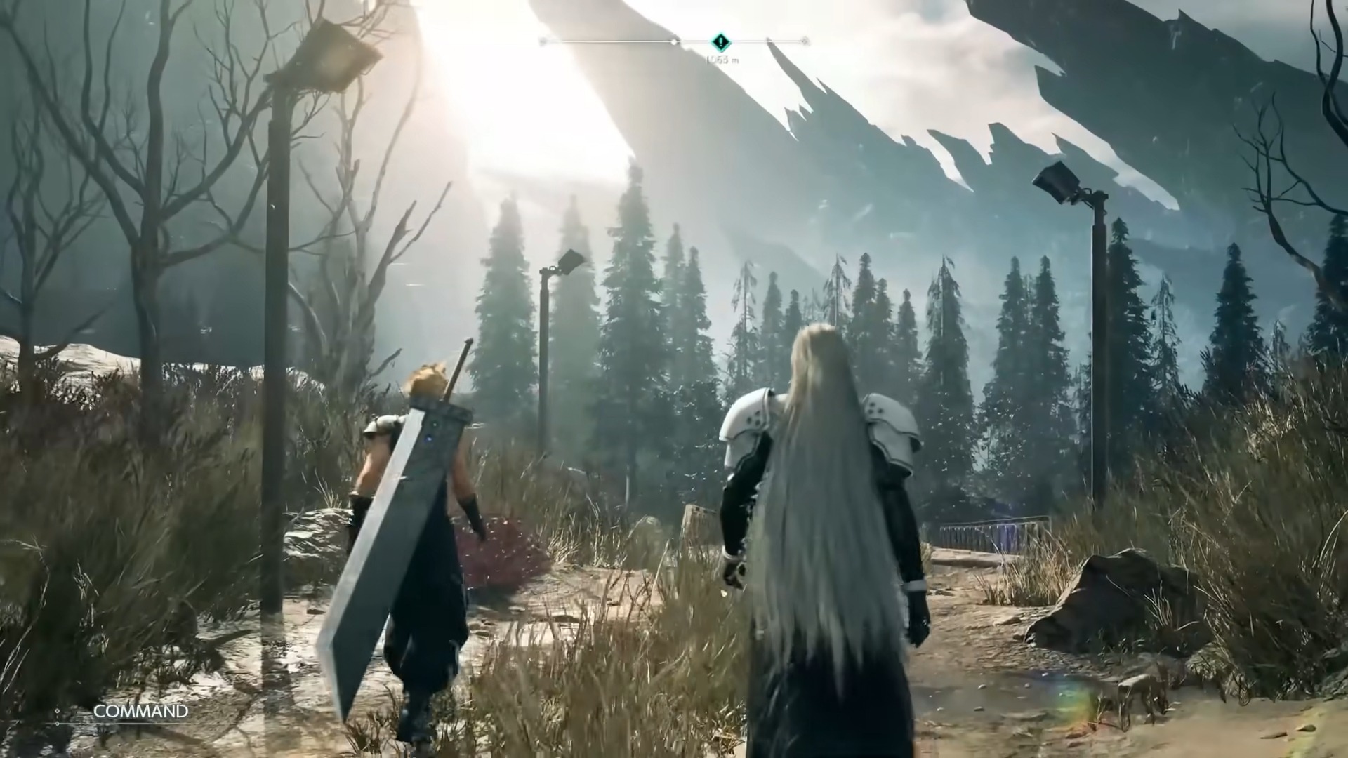 Captura de imagem mostra cena do primeiro trailer de Final Fantasy VII Rebirth, com o protagonista Cloud Strife e o vilão Sephiroth caminhando juntos, de costas para a câmera, em uma paisagem desértica