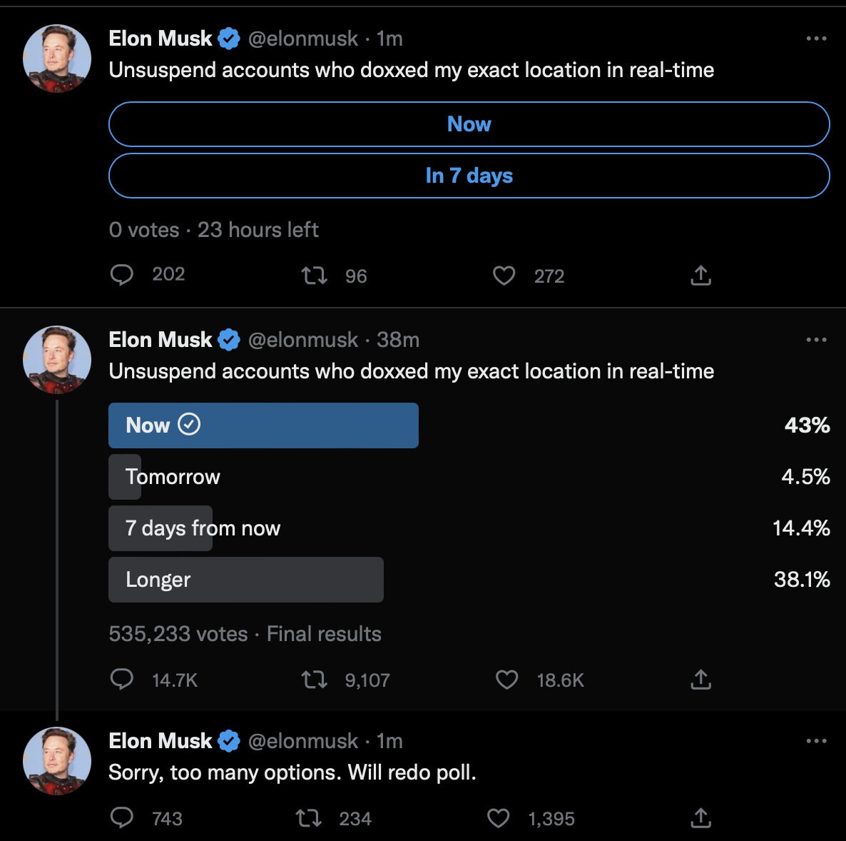 Captura de tela mostra enquete feita por Elon Musk no Twitter, onde ele questiona se deve ou não restaurar perfis críticos a ele banidos pelo Twitter