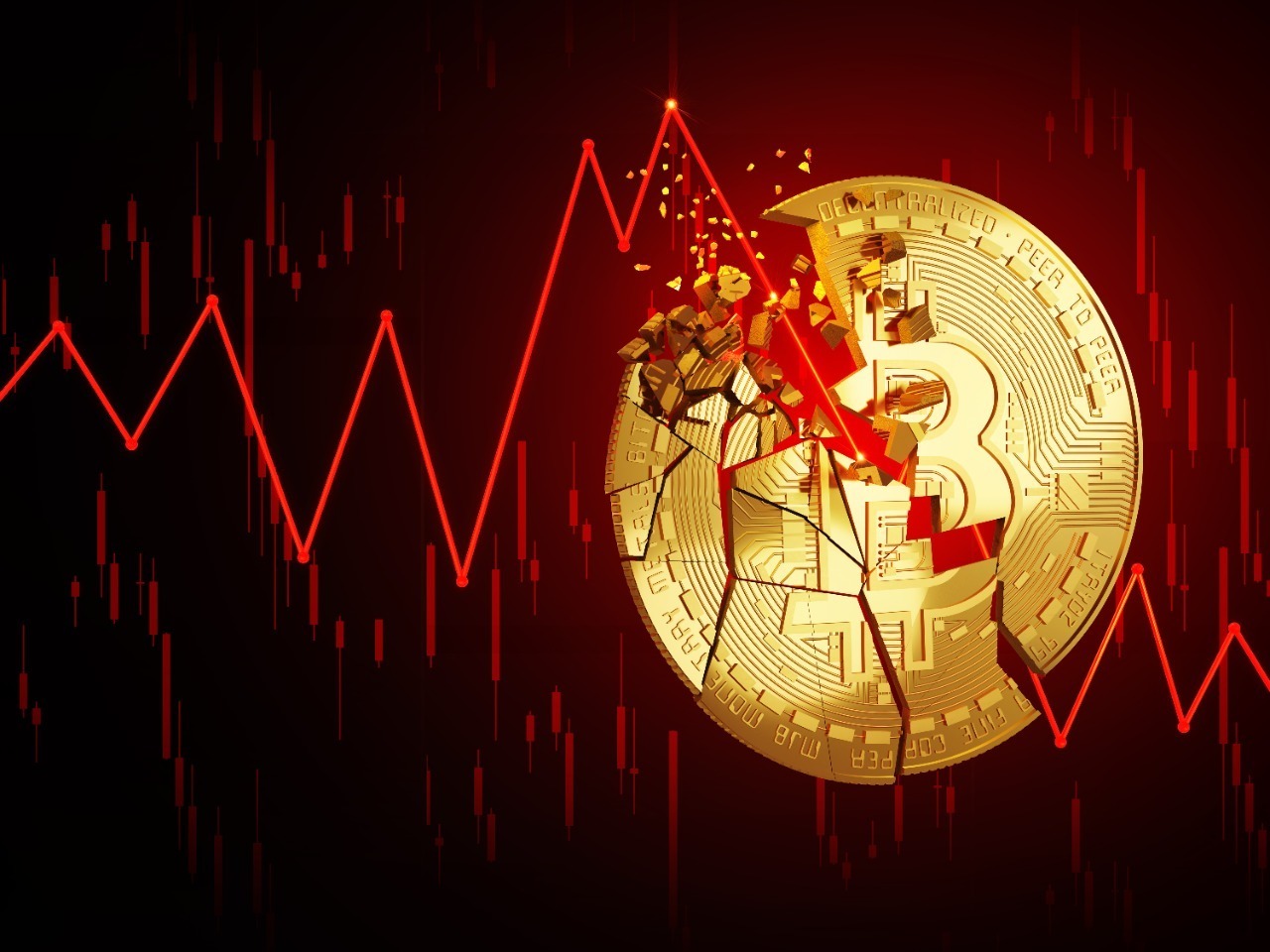 Imagem mostra um bitcoin com gráfico em queda, simbolizando uma 