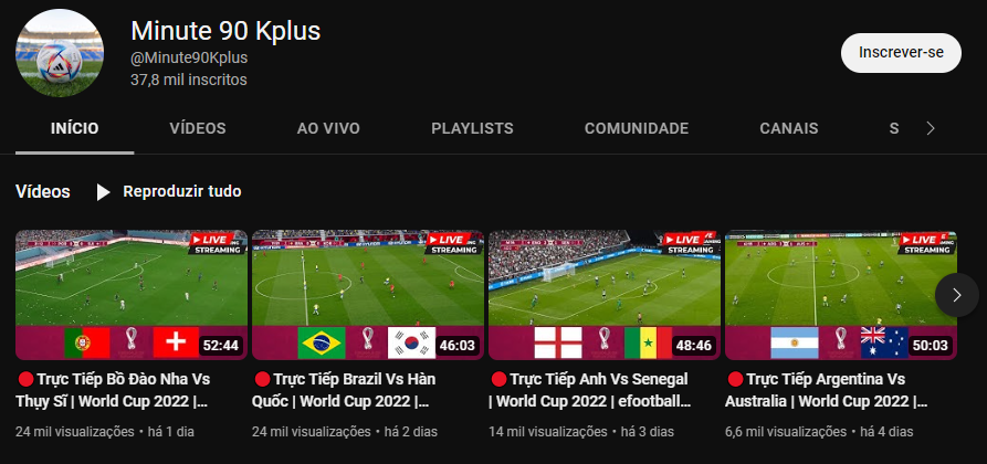 Captura de tela mostra falsas transmissões no YouTube, se fazendo passar por jogos oficiais da copa do mundo da FIFA