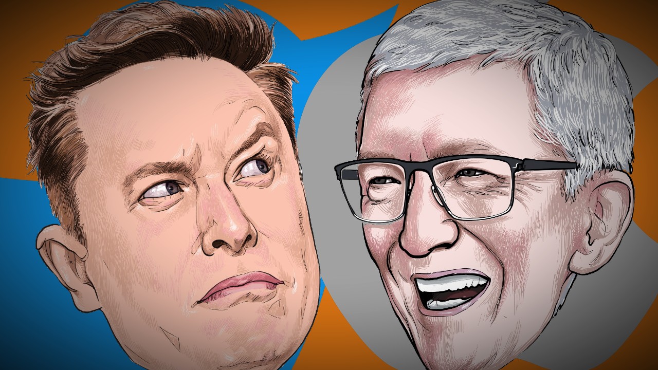 Imagem mostra caricaturas de Elon Musk e Tim Cook à frente dos logotipos do Twitter e da Apple