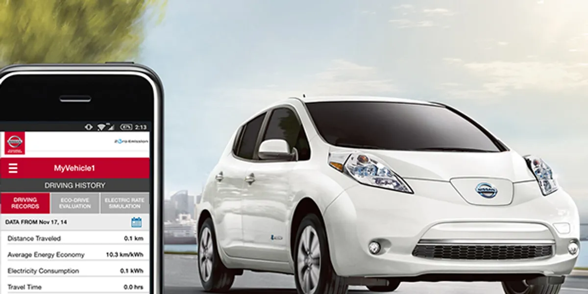 Imagem de um Nissan Leif e um aplicativo de celular usado para controlar carros da montadora japonesa