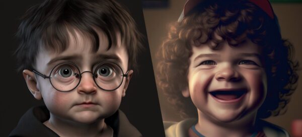 À esquerda, o personagem Harry Potter na versão criança criada pelo designer Ben Mornin usando a Inteligência Artificial MidJourney; à direita o personagem Dustin Henderson, também na versão criança