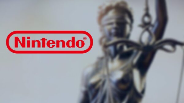 Montagem mostra o logotipo da Nintendo com a imagem da estátua da justiça desfocada ao fundo