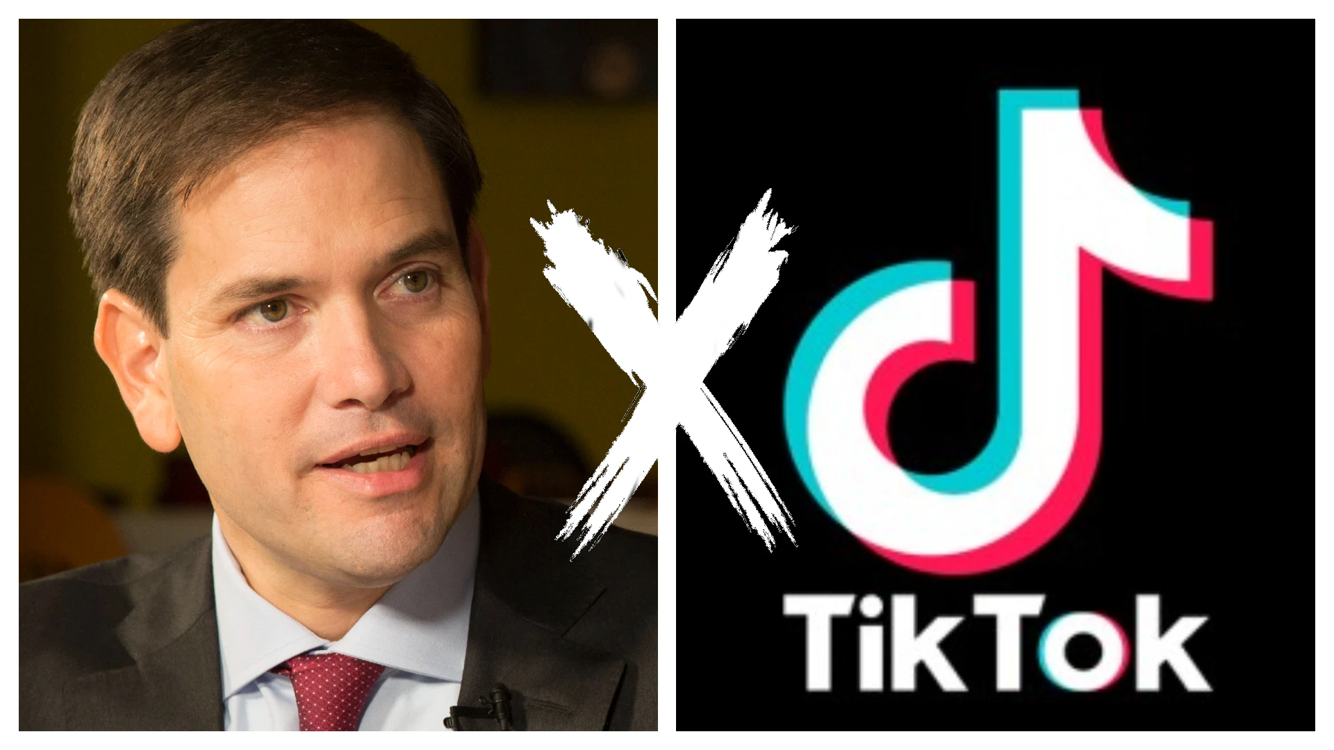 Colagem coloca em lados opostos o senador estadunidense Marco Rubio e o logotipo do TikTok
