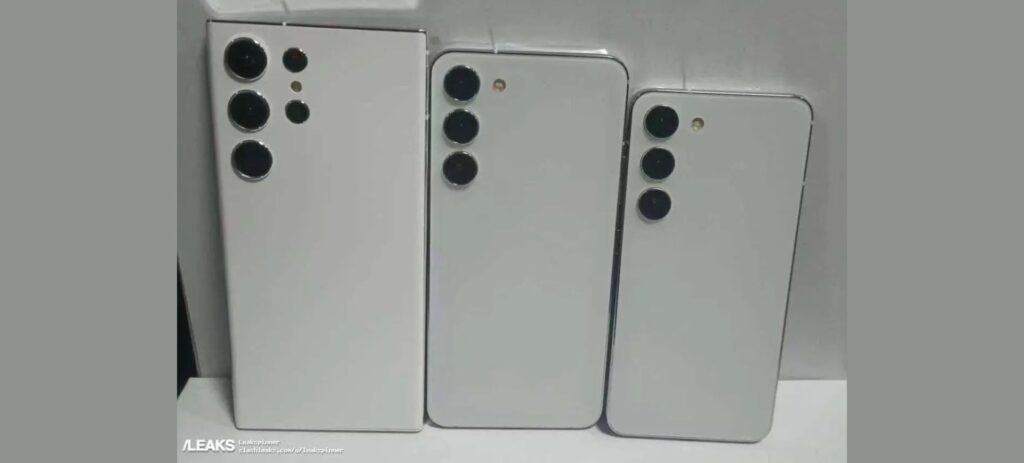 Imagens vazadas dos novos Samsung Galaxy S23 mostram os três novos smartphones, um ao lado do outro, mostrados de costas