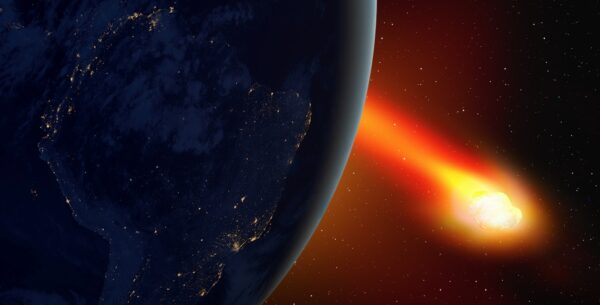 Ilustração mostrando um asteroide passando pela Terra