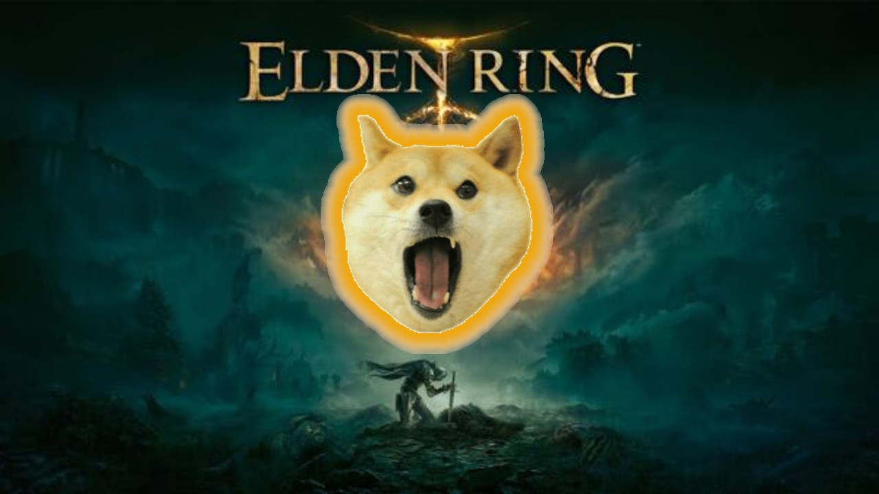 Imagem do poster de Elden Ring com um cachorro colado no letreiro