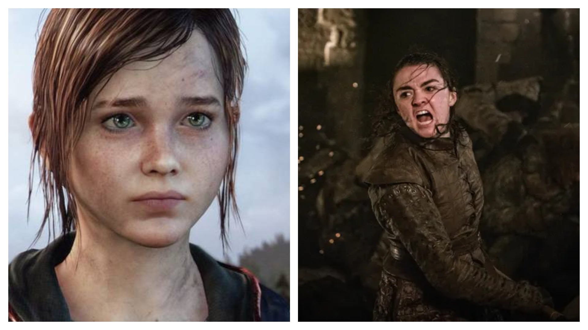 Colagem posiciona lado a lado as personagens Elllie, de The Last Of Us, e Arya Stark, de Game of Thrones