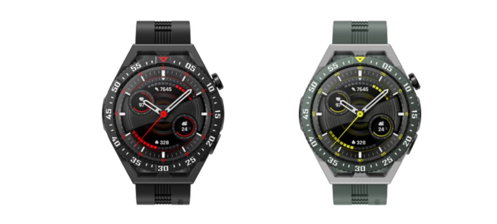 Modelos do Huawei Watch GT3 SE em duas cores: preta, à esquerda; e verde, à direita