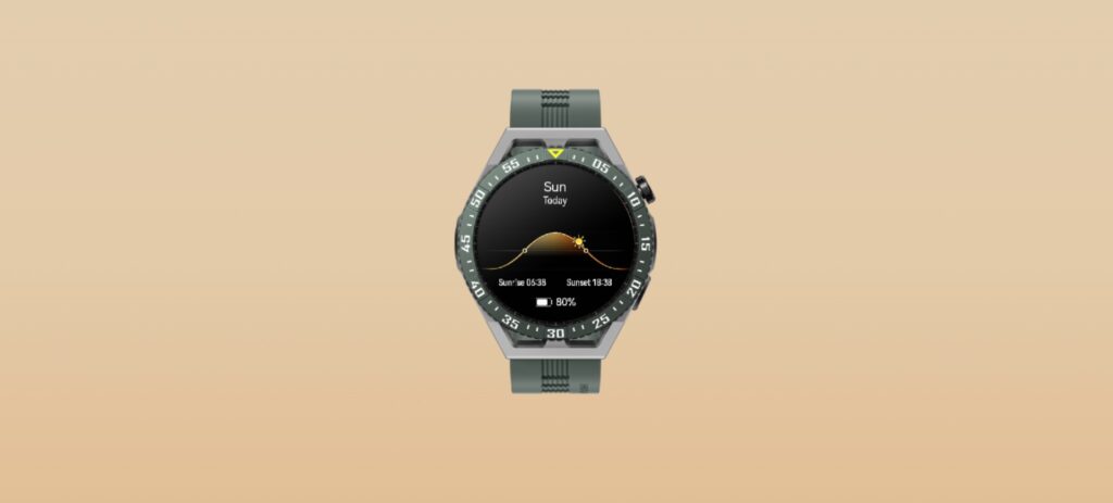 Relógio Huawei Watch GT3 SE exibe na tela uma das funcionalidades básicas de nascer e pôr do sol