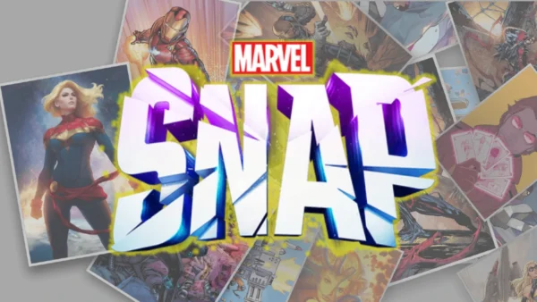 Imagem mostra o logotipo de Marvel Snap com algumas artes do jogo ao fundo